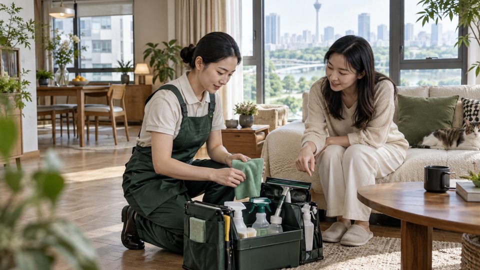 本地生活服务人员携带专业清洁设备上门服务